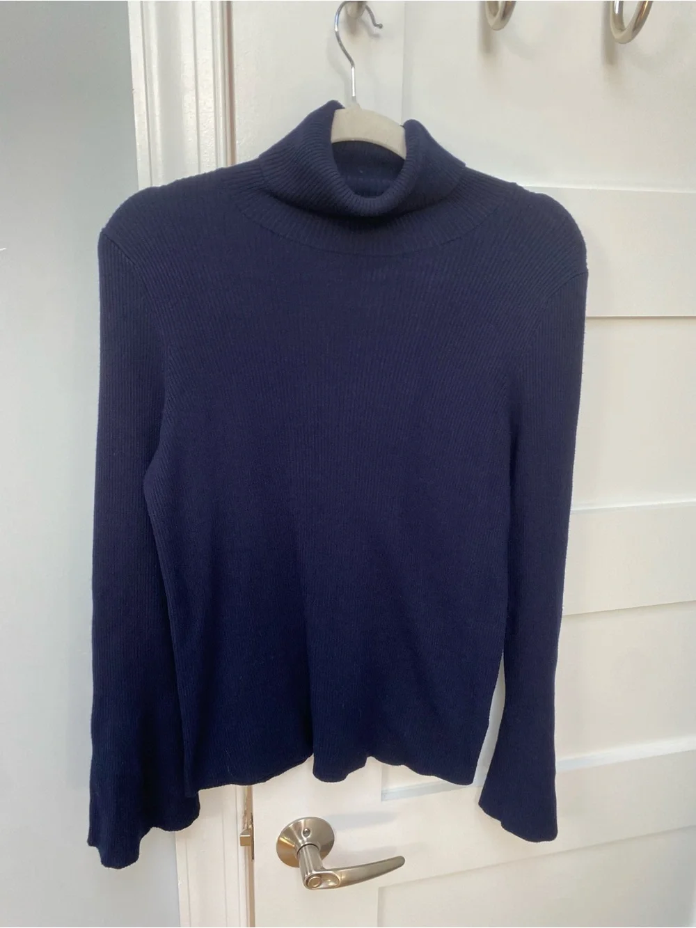 Moth Anthropologie Women's Navy Ribbed Turtleneck Sweater with bell sleeves